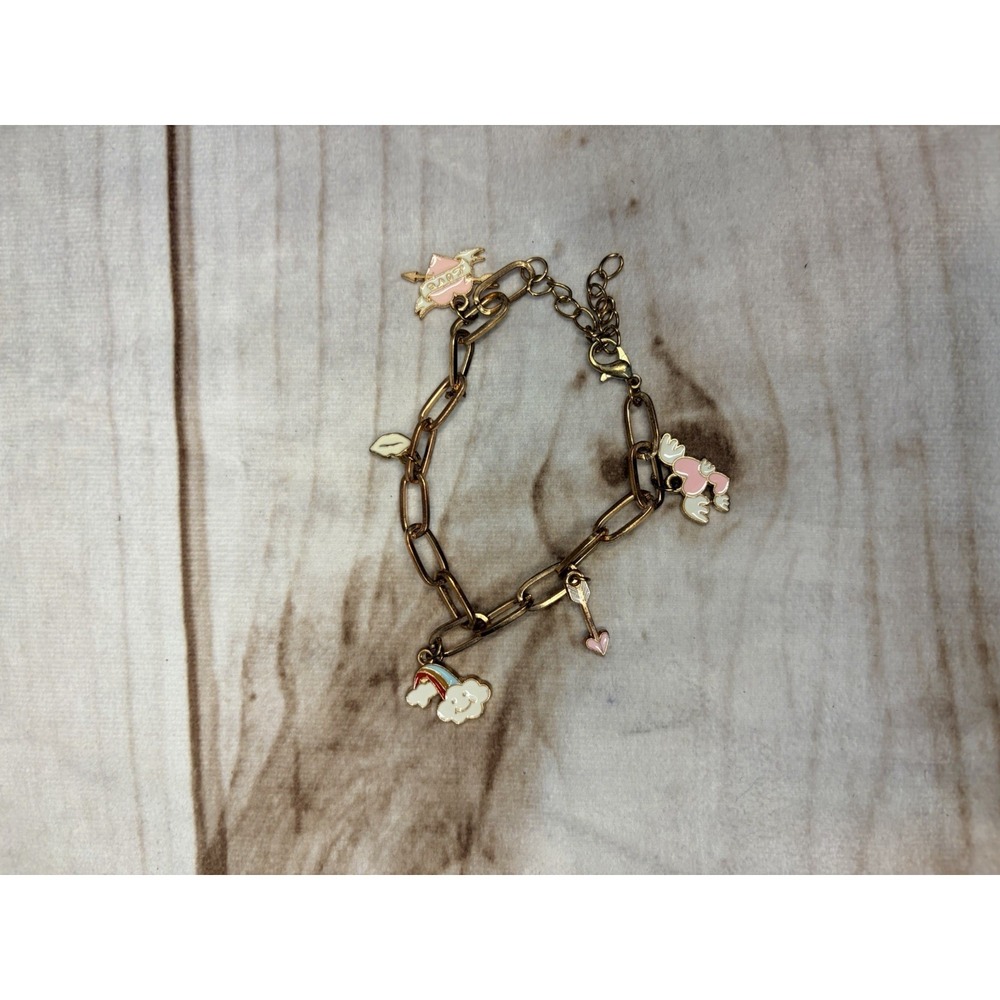 Y2K Gold Tone Enamel Charm Bracelet Rainbow Cloud Heart Arrow Crab Kawaii‎ Style